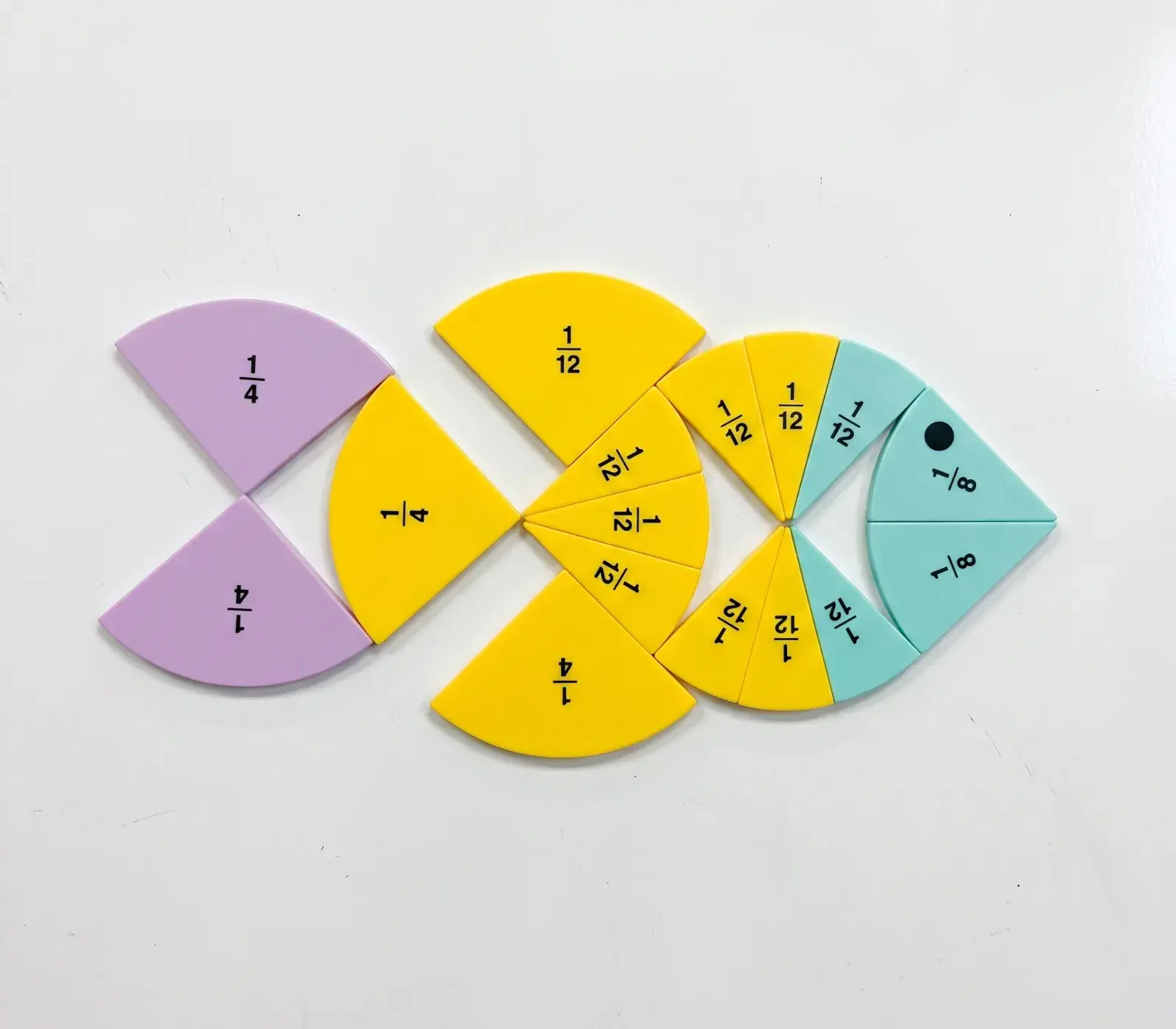 Purple, yellow and teal fraction pieces arranged on a pale background, illustrating fractional leadership.